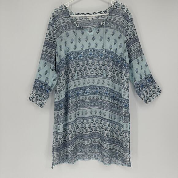 J.Jill Dress Large Tunic Coverup Blue Boho Floral 3/4 Sleeve Split Neck Tencel - Picture 1 of 13